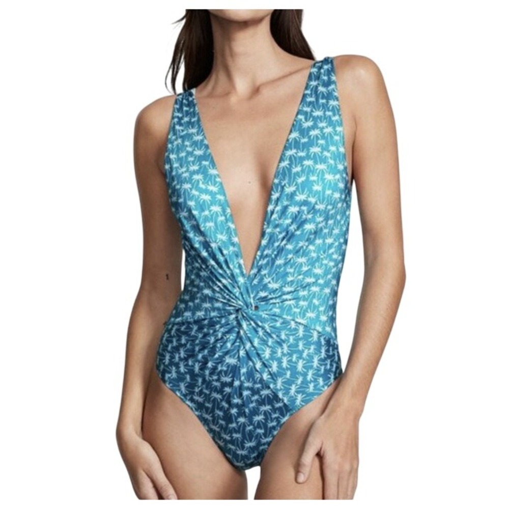 Victorias Secret Teal Palm Tree Twist Front Plunge One Piece Swimsuit Women L